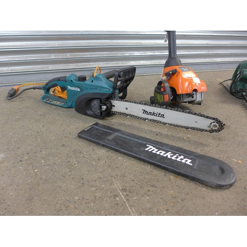 2218 - Flymo Lite XLT250+ petrol strimmer, 240v -450 hedge trimmer (FPHT450) & Makita UC4020A 240v chainsaw... 