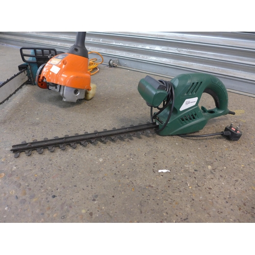 2218 - Flymo Lite XLT250+ petrol strimmer, 240v -450 hedge trimmer (FPHT450) & Makita UC4020A 240v chainsaw... 