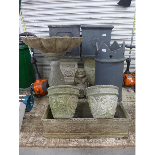 2221 - 2 Concrete plant stands with plant boxes, concrete bird bath, concrete hedgehog and terracotta chimn... 