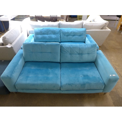 1526 - A pair of sky blue velvet three seater sofas