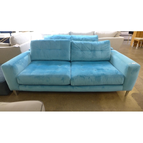 1526 - A pair of sky blue velvet three seater sofas