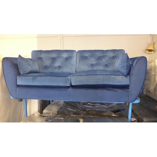 1655 - A Hoxton deep ocean blue velvet three seater sofa