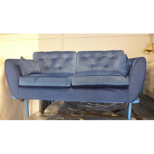 1656 - A Hoxton deep ocean blue velvet three seater sofa