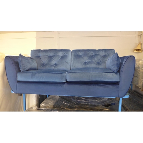 1658 - A Hoxton deep ocean blue velvet three seater sofa