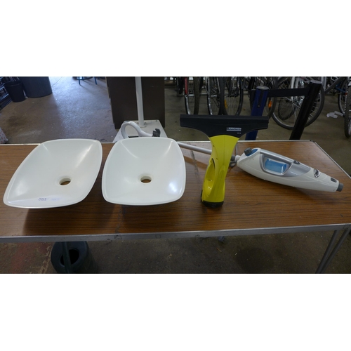 2309 - 2 x worktop mounted white sinks, 1 x Shark steamer, 1 x hand held archer window cleaner with charger