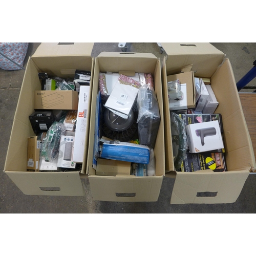 2313 - 3 boxes of unused items2- including magic stich, security lights, Christmas gift tags etc