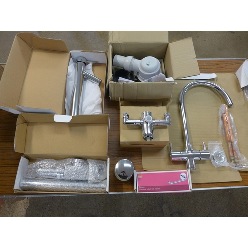 2342 - Large quantity of chrome boxed taps, shower heads, shower thermostatic valves, sinks drains, etc.