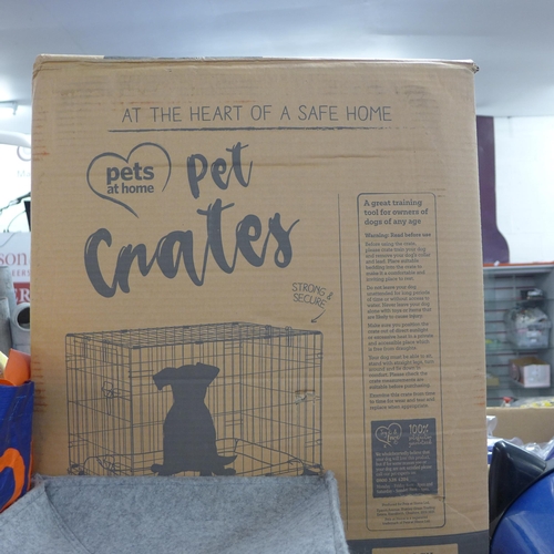 2395 - Quantity of cat items including; folding cage, new and boxed, cat litter trays, bowls, cat flap, toy... 