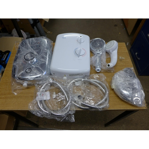 2434 - Box containing 2 Triton electric showers with various shower hoses and heads, etc.