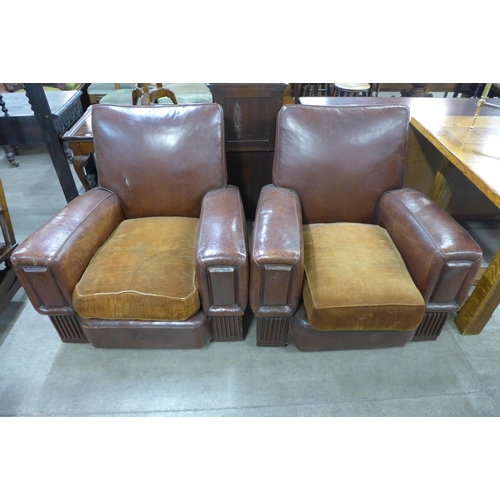 187 - A pair of Art Deco brown leather club chairs