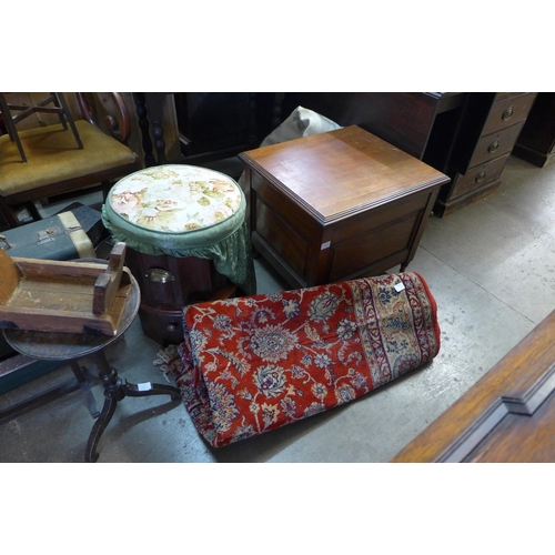 223A - Two rugs, a Regency mahogany carver chair, occasional tables, towel rails, sewing machines, etc.