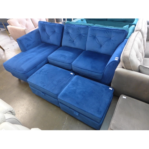 1324 - A Hoxton deep blue velvet LHF corner sofa and two footstools