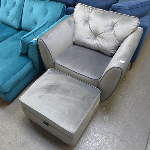 1332 - A Hoxton grey velvet button back armchair and ottoman footstool