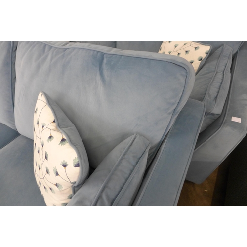 1343 - A diamond blue velvet 2.5 seater sofa with floral scatter cushions