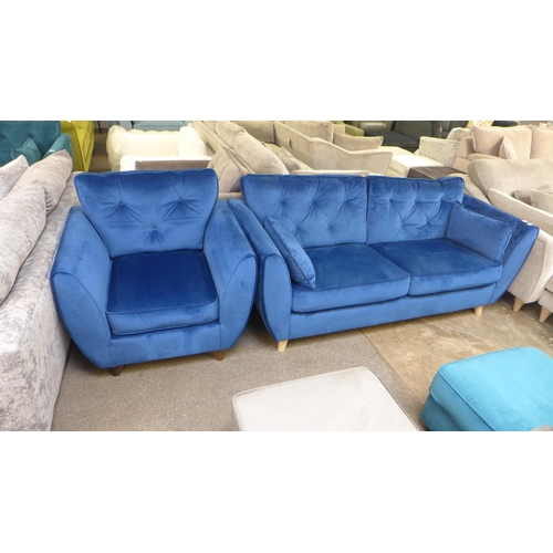 1334 - A Hoxton deep blue velvet three seater sofa and armchair