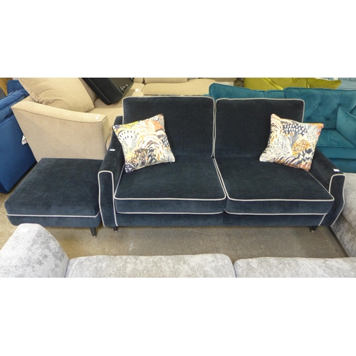 1338 - A Liberty black and light grey piping upholstered three seater sofa with matching footstool