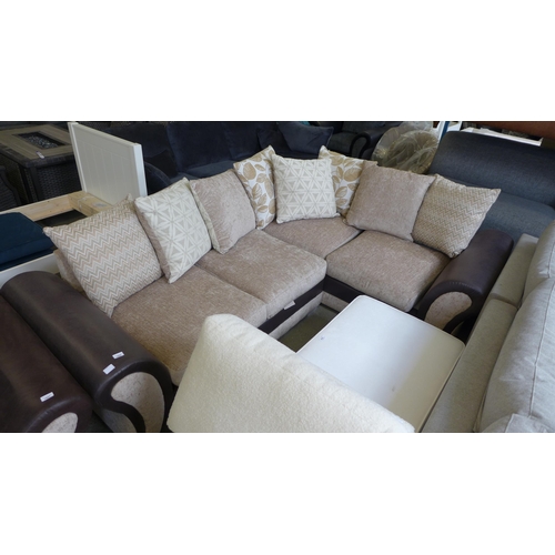 1606 - A champagne fabric and brown snake skin effect LHF corner sofa