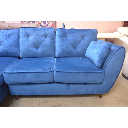 1375 - A Hoxton blue velvet three seater sofa/chaise