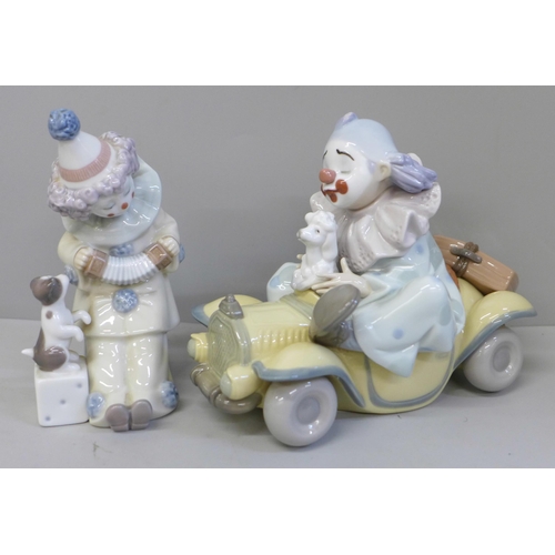 689 - Two Lladro figures of clowns, clown in car a/f and a Lladro figure of a young baseball player on one... 