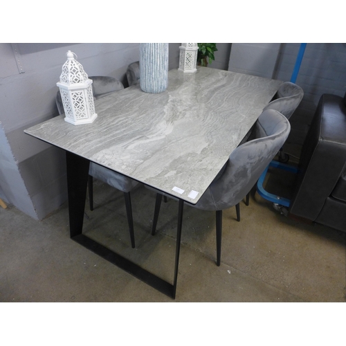 1308 - A Morada marble effect fixed top dining table with a set of four silver pinched back velvet dining c... 