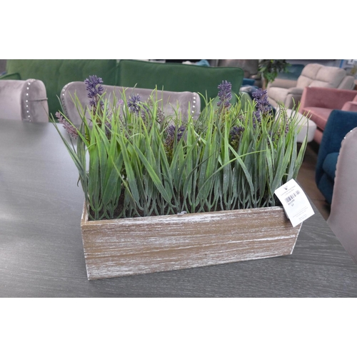 1310 - A display of faux lavender and onion grass in a wooden box, W 30cms (65880013)   #