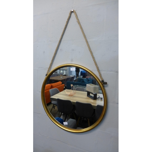 1331 - A large round gold mirror on a hanging rope H58cm (JRG1114)