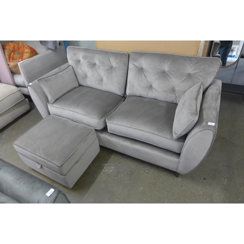1363 - A Hoxton ash button back velvet three seater sofa with ottoman footstool RRP £1237