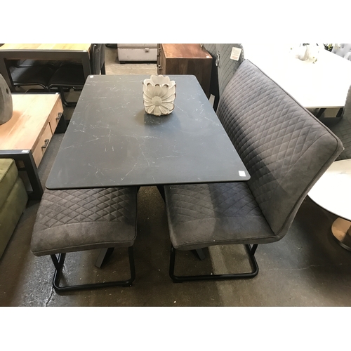 1376 - A Creed dining table and two benches - large bench has a scuffed corner * This lot is subject to VAT