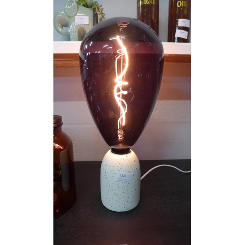 1377 - A terrazzo base table lamp with a decorative tinted glass and wispy filament bulb (501608715244533)