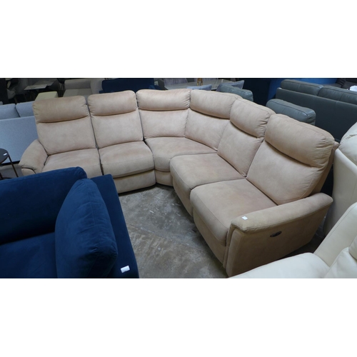 1412 - A tan upholstered electric reclining modular corner sofa, slight scuff to back