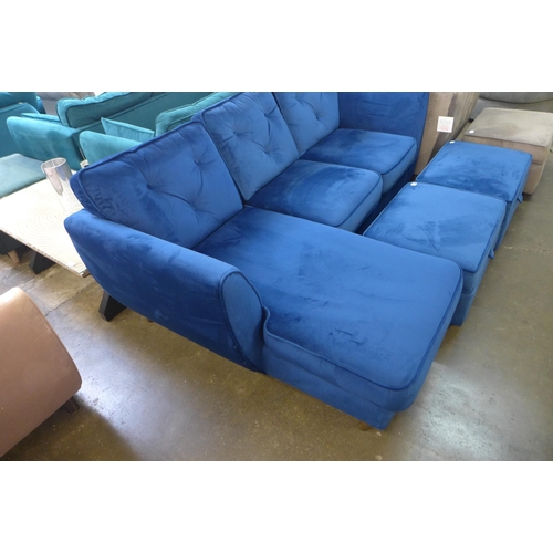 1464 - A Hoxton deep blue velvet LHF corner sofa and two footstools