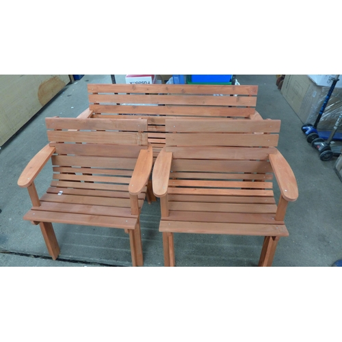 2258 - Hardwood garden bench and 2 matching chairs