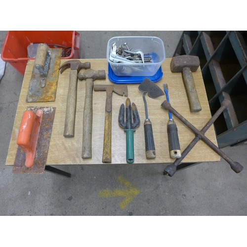 2020 - Tub of assorted hand tools including hammers, trowels, snips, screws, nails, etc.