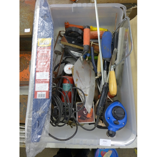 2041 - Box of miscellaneous tools and other items including trimming edge, foot pump, trowels, mallet, dril... 