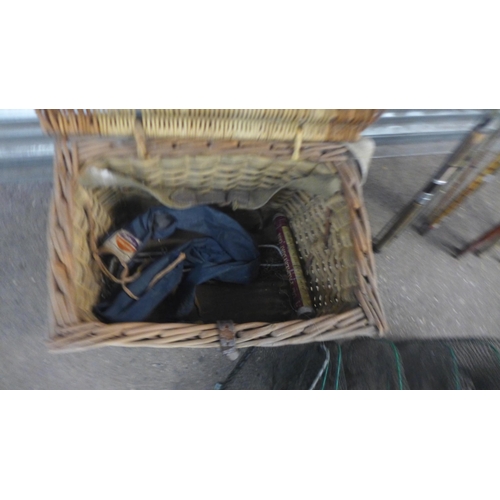 2231 - Fishing rods inc. Milbro in a leather carry bag, keep nets, vintage fishing reel and wicker hamper b... 