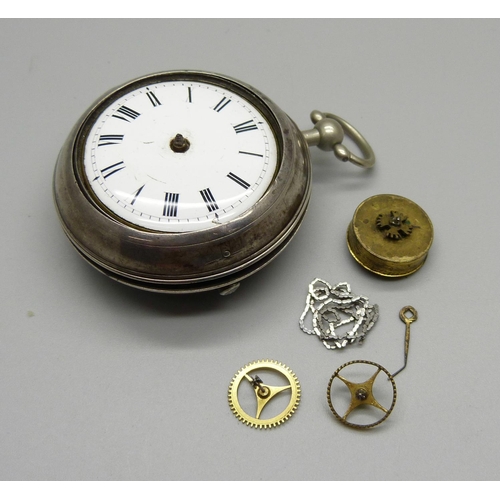 1013 - A silver pair case pocket watch with movement for repair, a/f