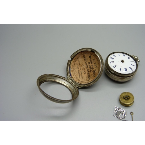 1013 - A silver pair case pocket watch with movement for repair, a/f