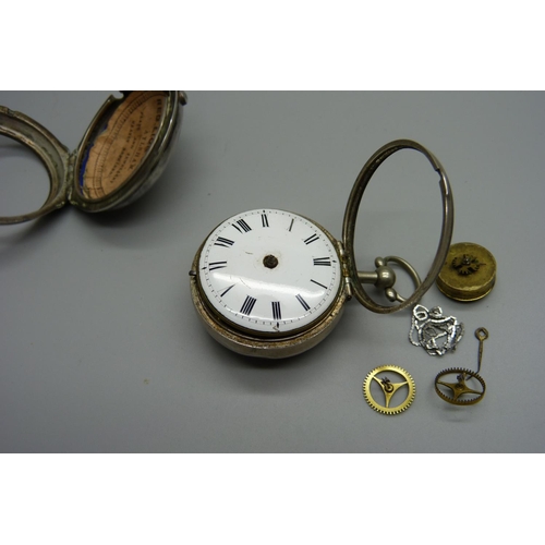 1013 - A silver pair case pocket watch with movement for repair, a/f