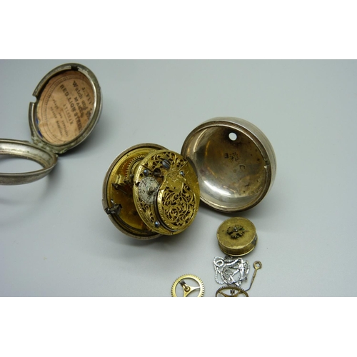 1013 - A silver pair case pocket watch with movement for repair, a/f