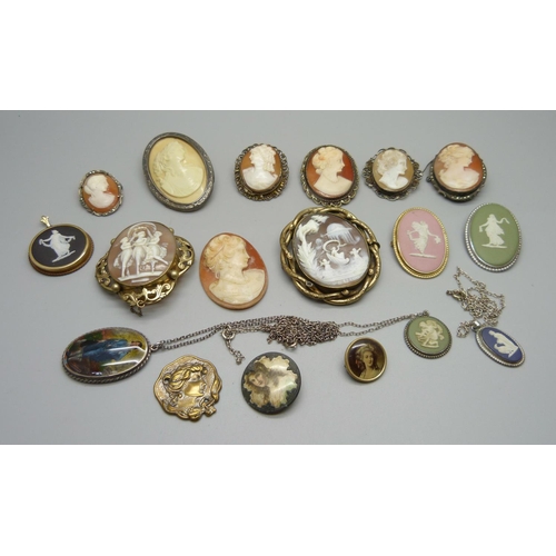 1022 - A collection of cameo brooches including 19th Century, an unmounted cameo, three Wedgwood cameo pend... 