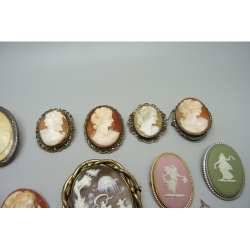 1022 - A collection of cameo brooches including 19th Century, an unmounted cameo, three Wedgwood cameo pend... 