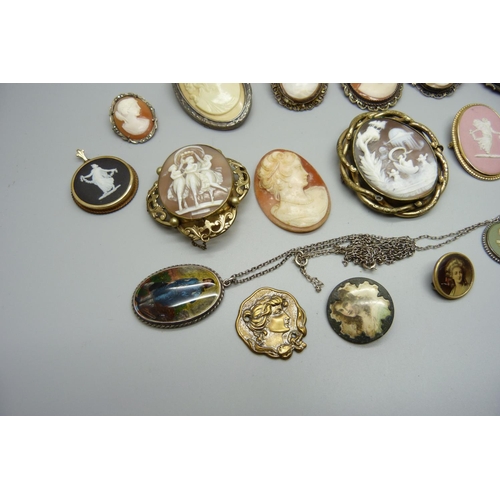 1022 - A collection of cameo brooches including 19th Century, an unmounted cameo, three Wedgwood cameo pend... 