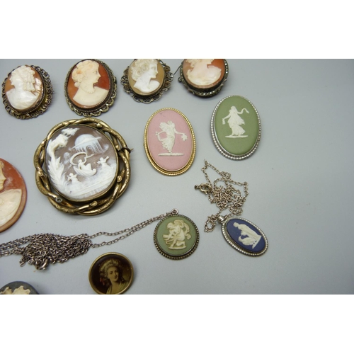 1022 - A collection of cameo brooches including 19th Century, an unmounted cameo, three Wedgwood cameo pend... 