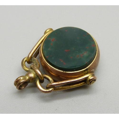 1027 - A 9ct gold mounted swivel fob set with bloodstone and agate, (plated loop mount)