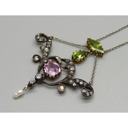 1034 - A Georgian drop pendant set with diamonds, green stone, pink tourmaline and a small pearl drop