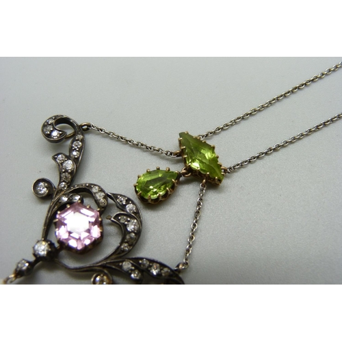 1034 - A Georgian drop pendant set with diamonds, green stone, pink tourmaline and a small pearl drop