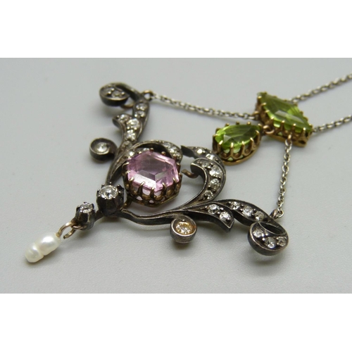 1034 - A Georgian drop pendant set with diamonds, green stone, pink tourmaline and a small pearl drop