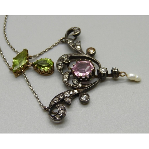 1034 - A Georgian drop pendant set with diamonds, green stone, pink tourmaline and a small pearl drop