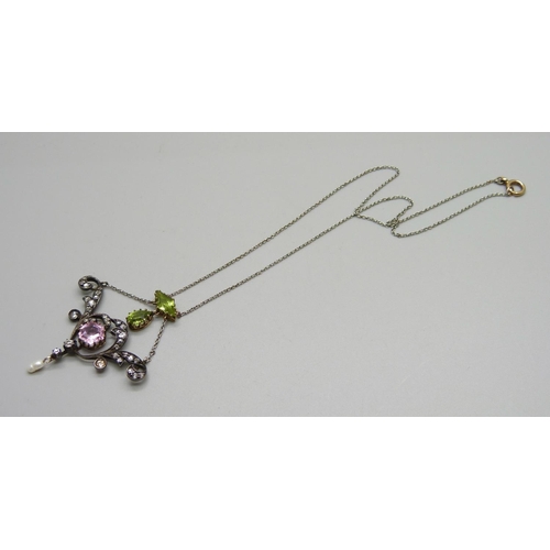 1034 - A Georgian drop pendant set with diamonds, green stone, pink tourmaline and a small pearl drop