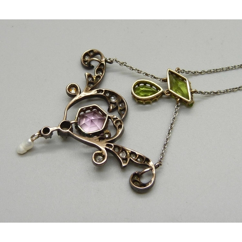 1034 - A Georgian drop pendant set with diamonds, green stone, pink tourmaline and a small pearl drop